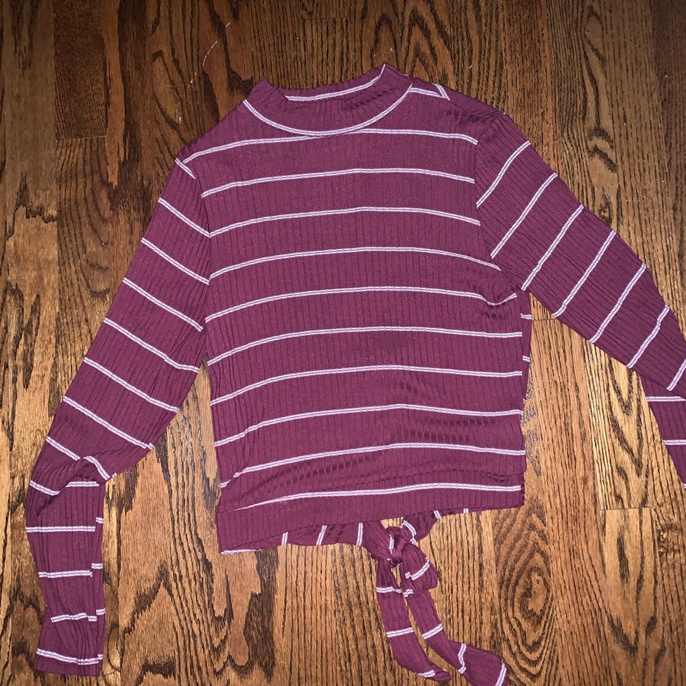Maroon and white striped shirt white tie on back